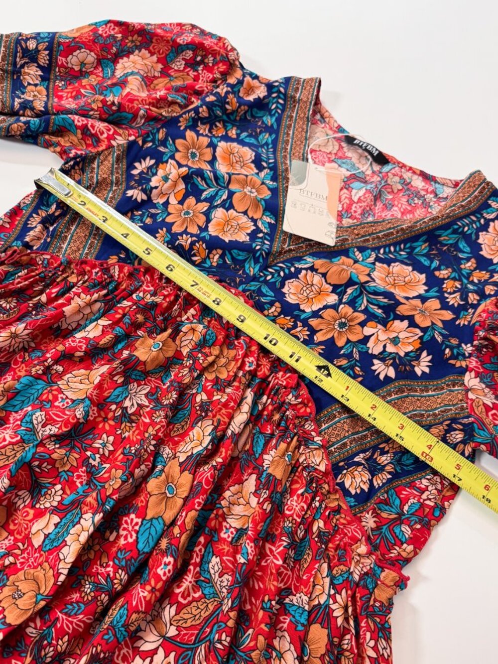 Boho Peasant Floral Mixed Pattern V-Neck Babydoll Mini Dress NWT Small Red Blue - Picture 8 of 12